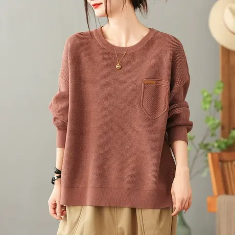 dza 复古圆领套头口袋棉线毛衣女秋冬洋气内搭针织衫宽松打底上衣图片