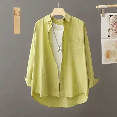 设计感小众绿色洋气衬衫女纯棉上衣春秋季新品百搭衬衣外套休闲潮商品大图