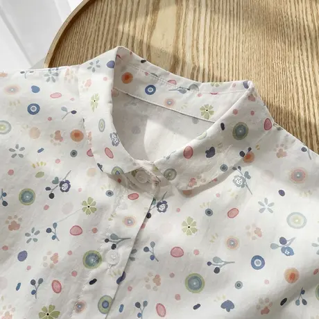 夏装文艺小清新甜美减龄印花纯棉短袖衬衫女学生宽松休闲半袖上衣商品大图