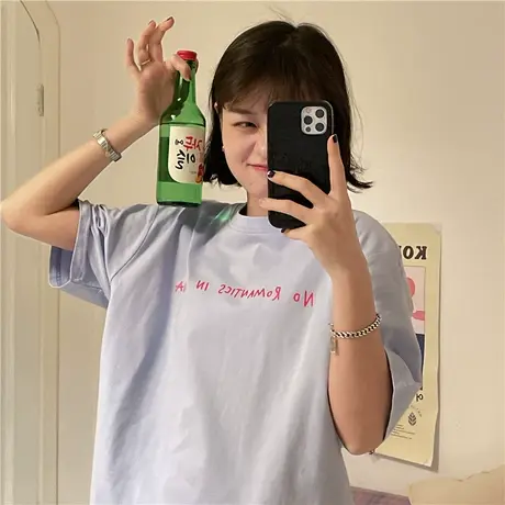 港风2023新款韩版夏装字母宽松百搭ins圆领纯棉短袖T恤女上衣盐系商品大图