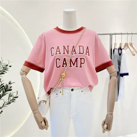 短袖t恤女夏季2021新款韩版ins潮拼色字母印花宽松显瘦百搭上衣服商品大图