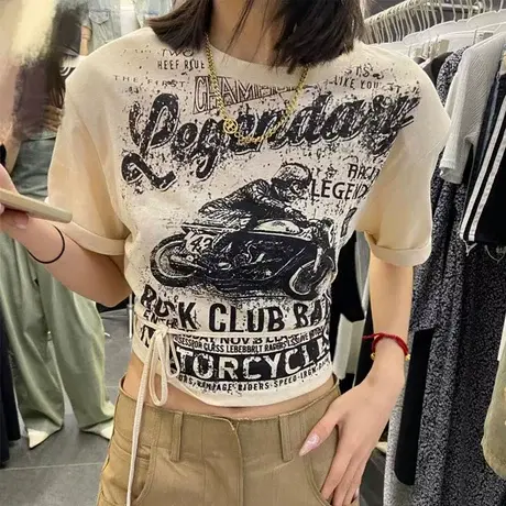 十三行2023夏季复古印花T恤女装系带短款漏腰修身辣妹款上衣t恤女图片