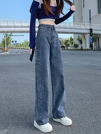 清仓捡漏高腰直筒牛仔裤女2023春秋新款小个子垂感阔腿拖地裤潮图片