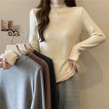 半高领德绒打底衫女秋冬内搭加绒加厚修身长袖T恤保暖上衣商品大图