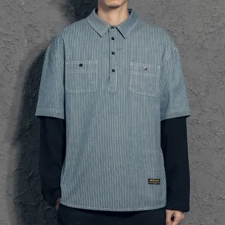 奕飏日系复古假两件竖纹拼接衬衫2019秋季宽松潮流男士秋装上衣图片