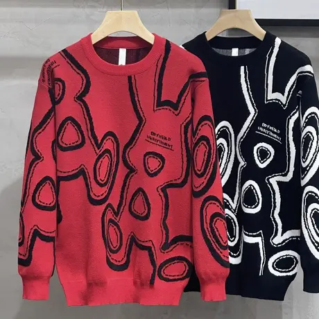 大红毛衣男圆领外穿潮流ins圣诞新年情侣针织衫男秋冬季2023新款商品大图