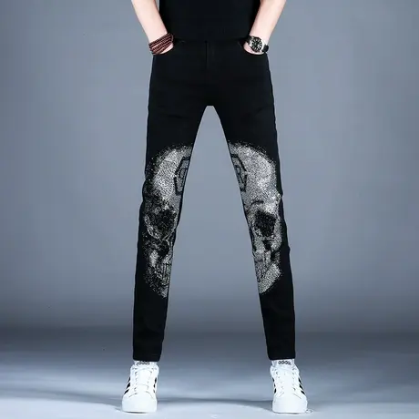 欧洲站新款男士牛仔裤男骷髅头烫钻修身小脚裤子黑色潮牌美式高街商品大图