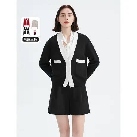 朗姿纯羊毛复古V领慵懒风开衫外套气质秋冬新款毛针织衫女上衣图片