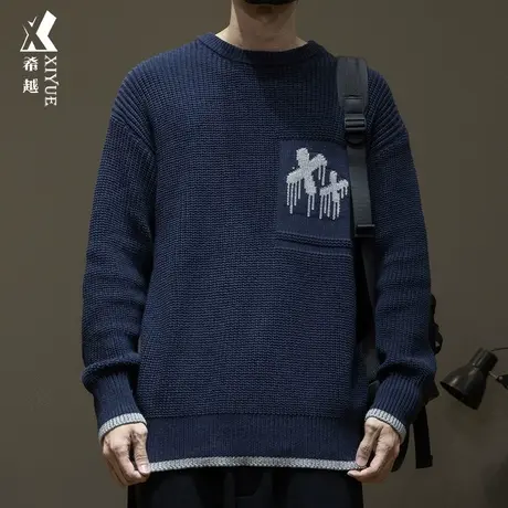 美式复古假两件毛衣男秋冬加厚保暖宽松大码男士慵懒风内搭针织衫商品大图
