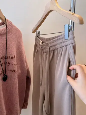 自留 加绒加厚羊毛束脚休闲裤 宽松显瘦保暖松紧腰系带直筒裤子女商品大图