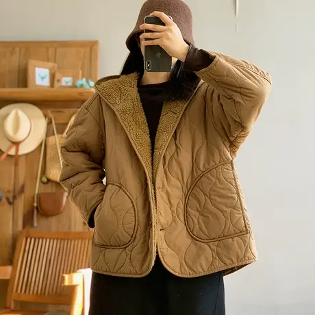 dza 复古宽松加厚连帽棉服外套女冬新款宽松短款棉衣加绒棉袄上衣图片