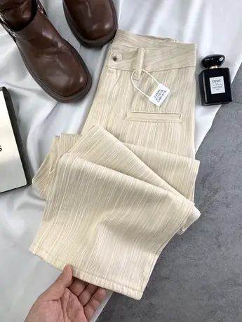 韩版竖条纹宽松休闲阔腿裤女2023冬季新款显瘦百搭高腰直筒长裤图片