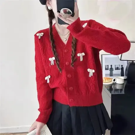 红色毛衣女外套V领针织开衫2024新款爆款宽松洋气女上衣外穿春秋图片