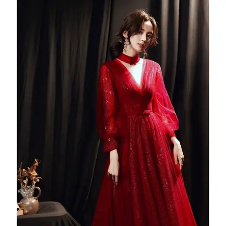 敬酒服新娘2023新款夏季结婚酒红色长款性感仙气纱裙晚礼服女长袖商品大图