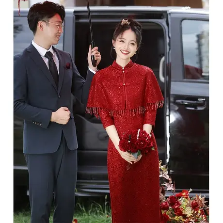 蕾丝敬酒服旗袍套装长袖2024新款红色高端订婚礼服结婚新娘连衣裙图片