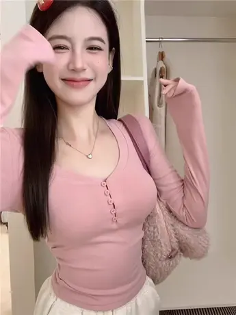 长袖u领正肩T恤女秋冬纯欲风辣妹修身内搭百搭紧身短款打底衫上衣商品大图