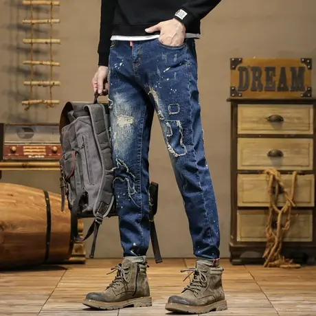 百搭刺绣印花牛仔裤高档破洞牛仔裤男款水洗美式高街牛仔裤休闲男图片