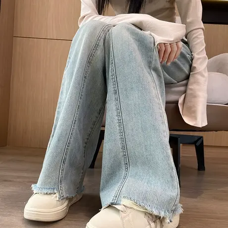 浅蓝色阔腿牛仔裤女2024年春秋新款高腰窄版垂感显瘦直筒拖地裤子商品大图