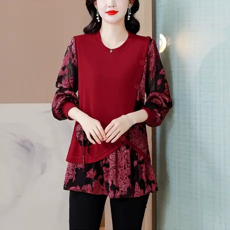 假两件宽松大码打底衫女2024春装新款宽松遮肉显瘦时尚靓妈女上衣商品大图