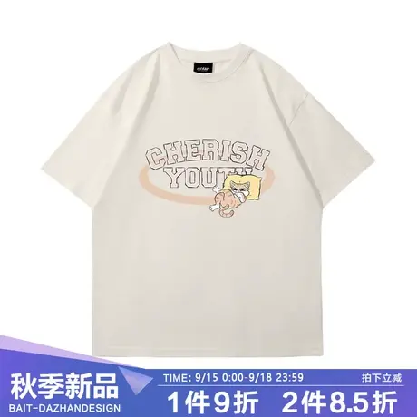 卡通趣味猫咪印花情侣短袖个性韩版百搭宽松青少年杏色纯棉T恤男商品大图