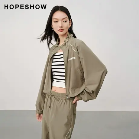 红袖字母印花抽绳短款外套hopeshow2024春季新款轻薄舒适上衣女图片