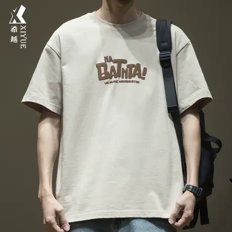 希越美式发泡印花短袖T恤男春季宽松大码男士重磅三本针纯棉体恤商品大图