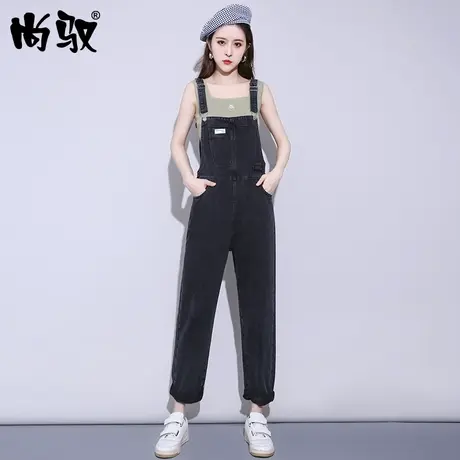 黑色背带裤女2024年新款春秋阔腿宽松大码直筒网红盐系减龄牛仔裤商品大图