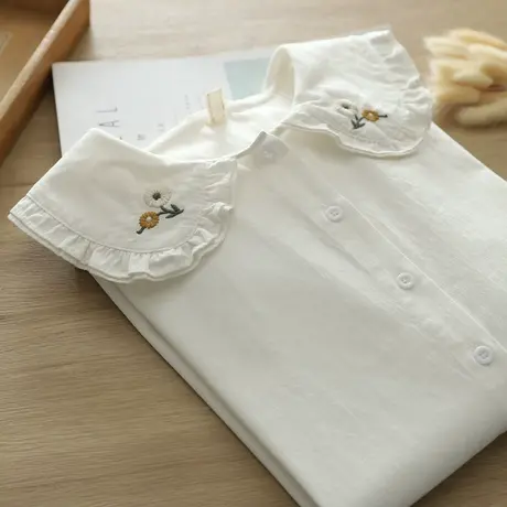 春秋装文艺小清新刺绣花边娃娃领纯棉长袖衬衫女学生宽松减龄上衣商品大图