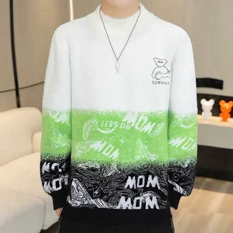 青少年学生毛衣男半高领保暖打底针织衫个性提花撞色线衣个性外套商品大图