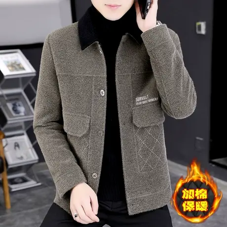 冬季加棉保暖外套男士翻领短款毛呢大衣潮牌帅气加厚貂绒呢子夹克商品大图