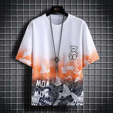 渐变色圆领短袖T恤潮流青少年体恤上衣2023夏季新款百搭印花男装图片