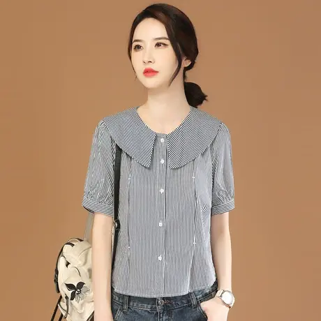 韩潮袭人气质娃娃领短袖条纹衬衣2023夏季新款女士衬衫设计感小众商品大图