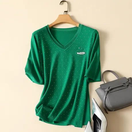 莫代尔V领打底衫女春装2023新款百搭爆款五分袖针织衫毛衣女上衣商品大图