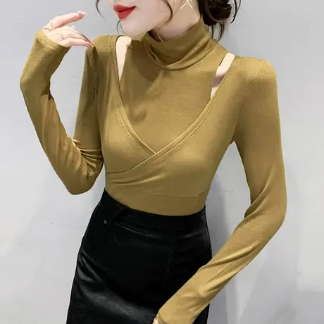 高领打底衫女春装2023新款性感露锁骨长袖T恤洋气紧身内搭上衣潮商品大图