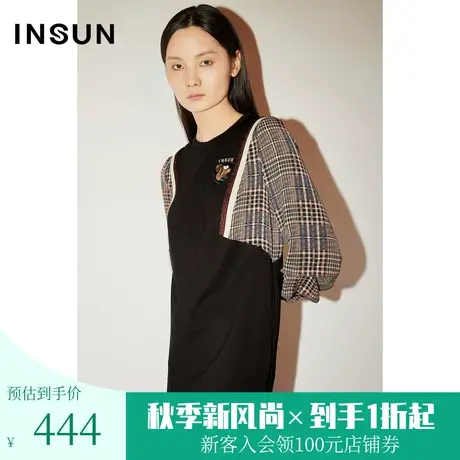恩裳COVER春秋时尚休闲拼接设计格纹面料减龄针织连衣裙女图片