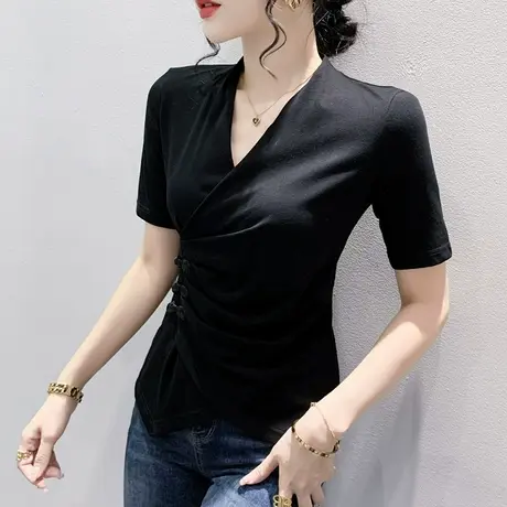 夏装2023新款性感V领T恤女短袖不规则开叉收腰小衫百搭显瘦上衣潮商品大图