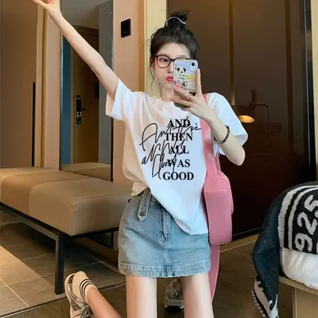 宽松版中长款欧货纯棉女士短袖t恤大版圆领洋气时尚上衣夏季ins潮图片