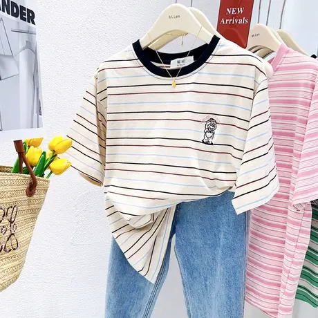 韩国东大门ins小熊短袖上衣夏季纯棉软糯体恤打底衫宽松条纹T恤女图片