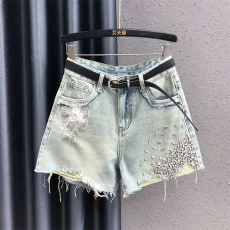 欧货重工个性镶钻牛仔短裤女2023年夏季新款做旧洗水高腰阔腿裤潮商品大图