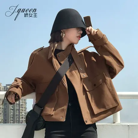 短款毛呢外套女冬新款韩版时尚宽松立领大口袋工装机车小个子外套图片