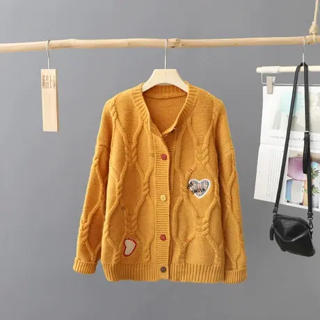 秋装新款韩版时尚圆领刺绣贴布针织衫女长袖宽松外套毛衣上衣开衫图片