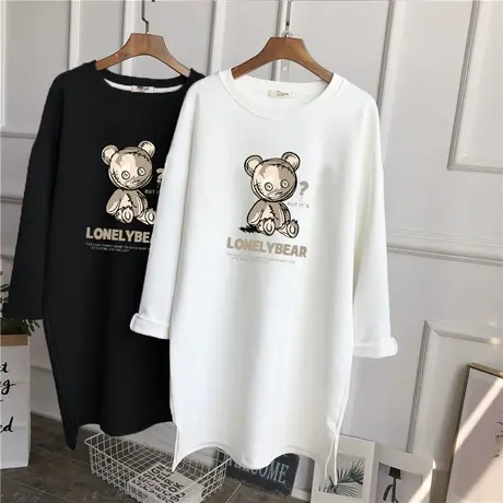 小熊t恤女长袖大码中长款上衣2022年春秋韩版宽松休闲纯棉打底衫商品大图