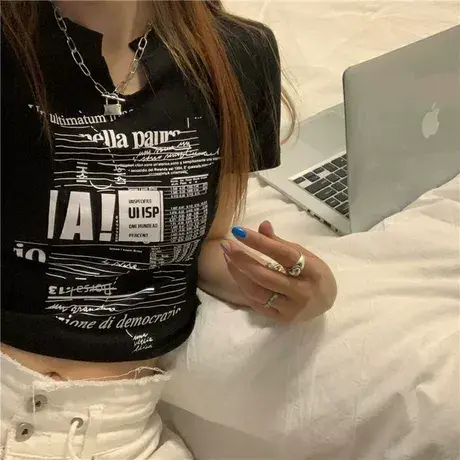 夏季2023新款韩版百搭短款小个子V领纯棉正肩印花短袖T恤上衣女潮商品大图