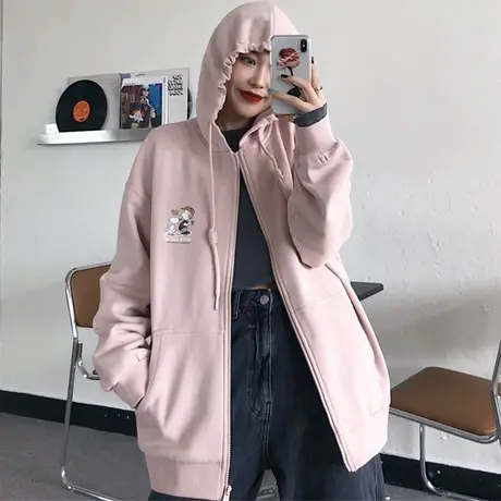 女士卫衣2020秋冬ins宽松韩版bf慵懒风开衫加绒加厚waitmore外套图片