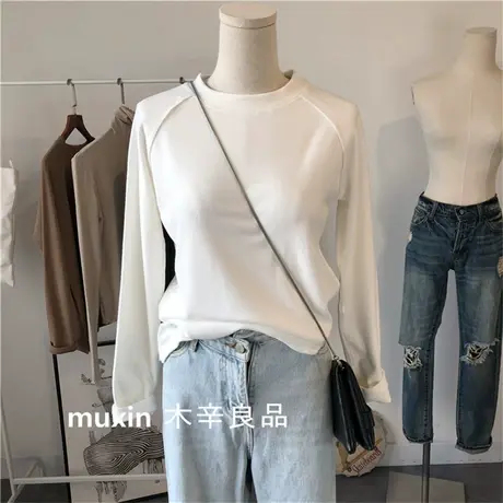 白色长袖t恤女秋冬韩版ins潮高弹力柔软打底衫宽松保暖内搭上衣服商品大图