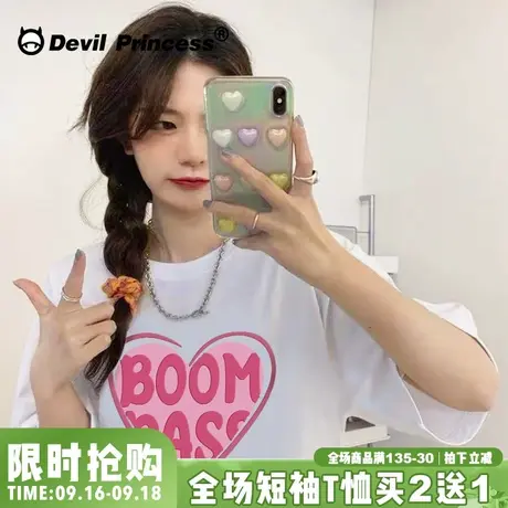 ins韩系甜美爱心印花oversize慵懒风早春纯棉短袖T恤宽松大码女装图片