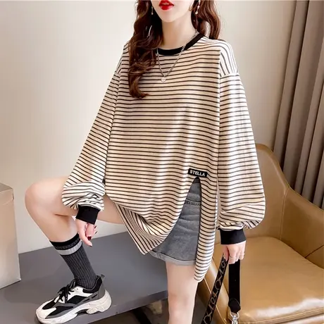 设计感小众长袖t恤女春秋韩版宽松不规则开叉ins早春条纹上衣服潮图片