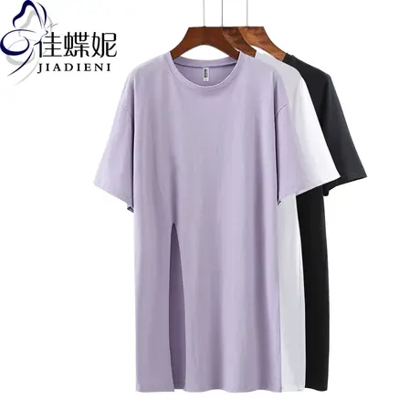 春夏韩版圆领宽松中长款短袖体恤打底衫纯棉开叉女装T恤上衣大码商品大图