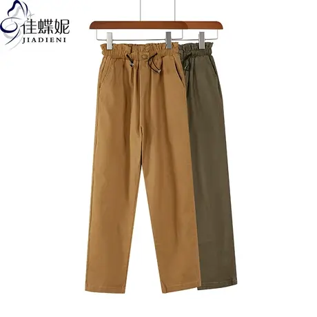 夏季新款韩版纯色复古帆布长裤女松紧腰抽绳下装宽松直筒休闲裤图片