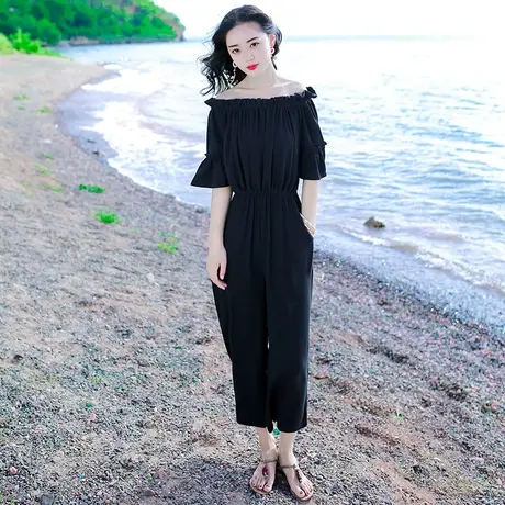 夏季新品女装收腰显瘦黑色松紧高腰九分休闲裤雪纺连体裤子阔腿裤商品大图